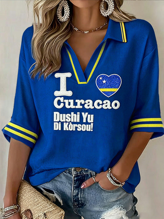 Dames blauwe Curacao Hartprint Casual V-hals poloshirt