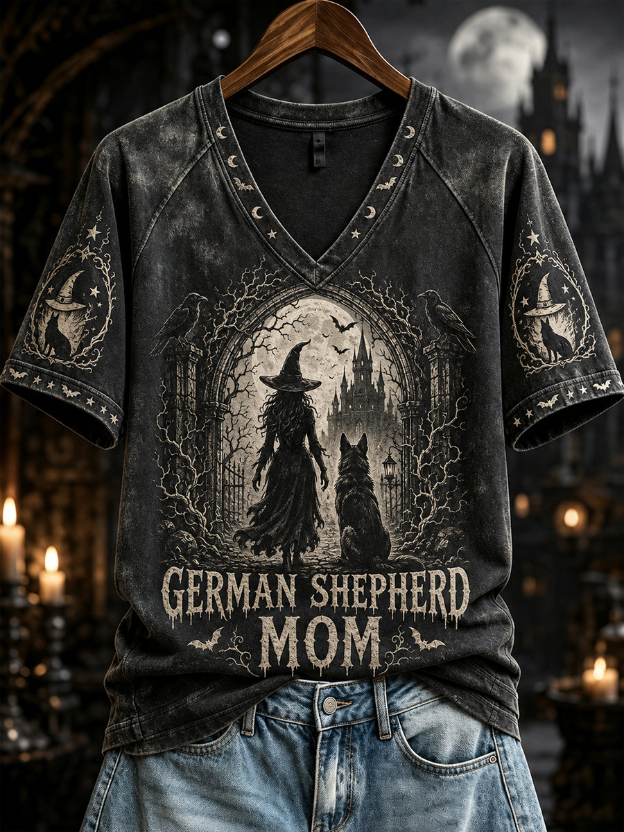 Dames Halloween Duitse herder moeder heksenprint V-hals T-shirt met korte mouwen