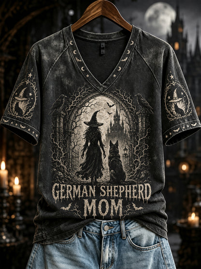 Dames Halloween Duitse herder moeder heksenprint V-hals T-shirt met korte mouwen