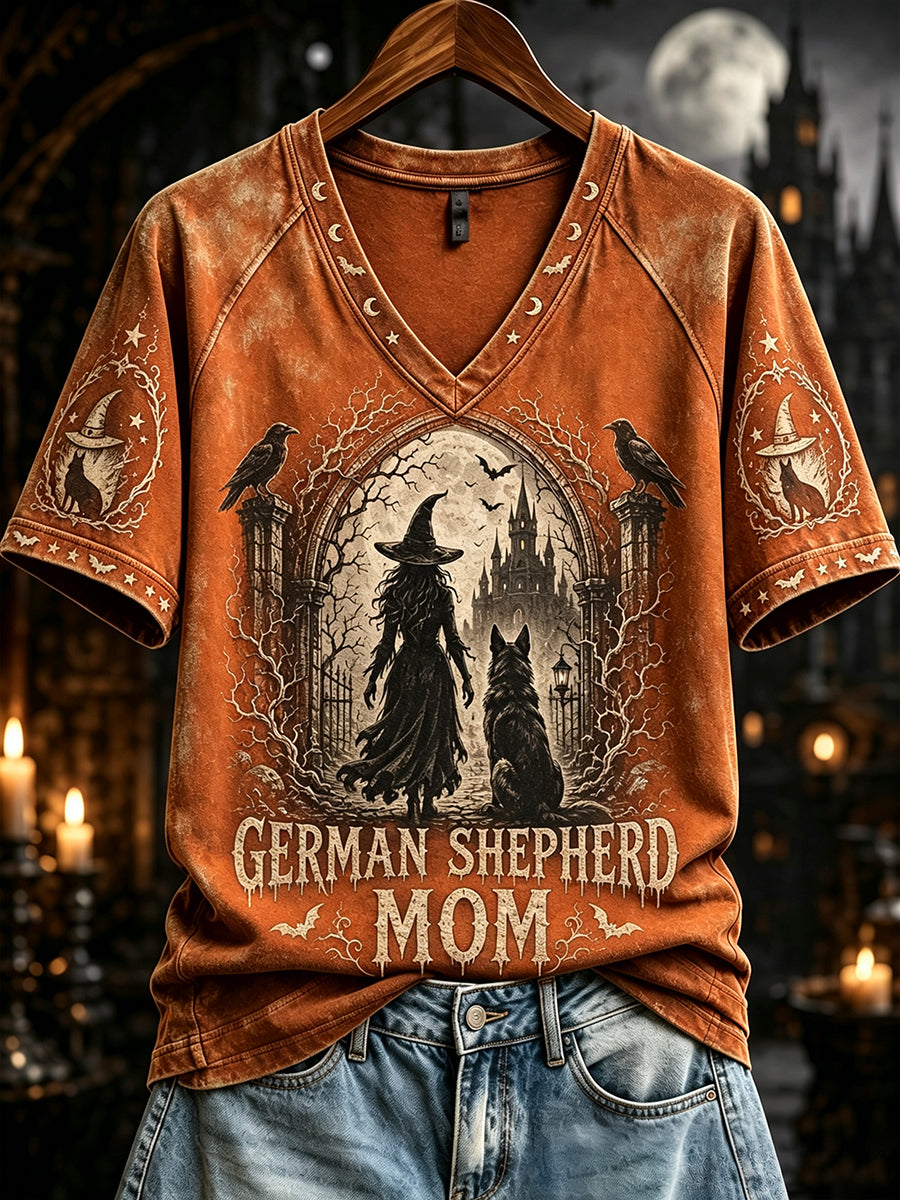 Dames Halloween Duitse herder moeder heksenprint V-hals T-shirt met korte mouwen