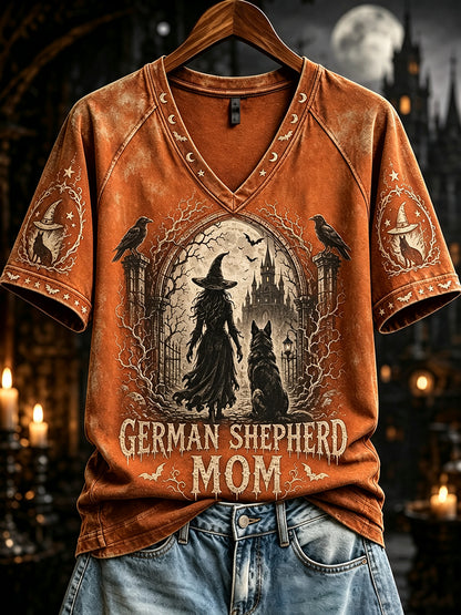 Dames Halloween Duitse herder moeder heksenprint V-hals T-shirt met korte mouwen