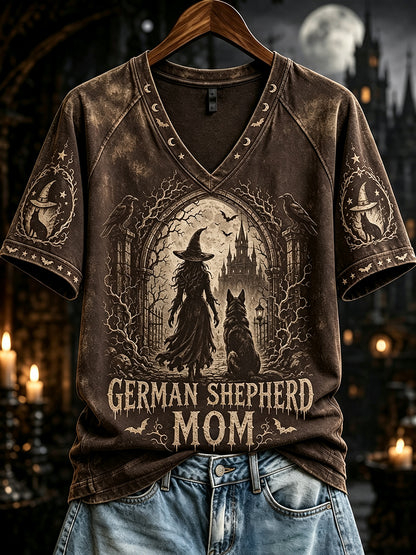 Dames Halloween Duitse herder moeder heksenprint V-hals T-shirt met korte mouwen