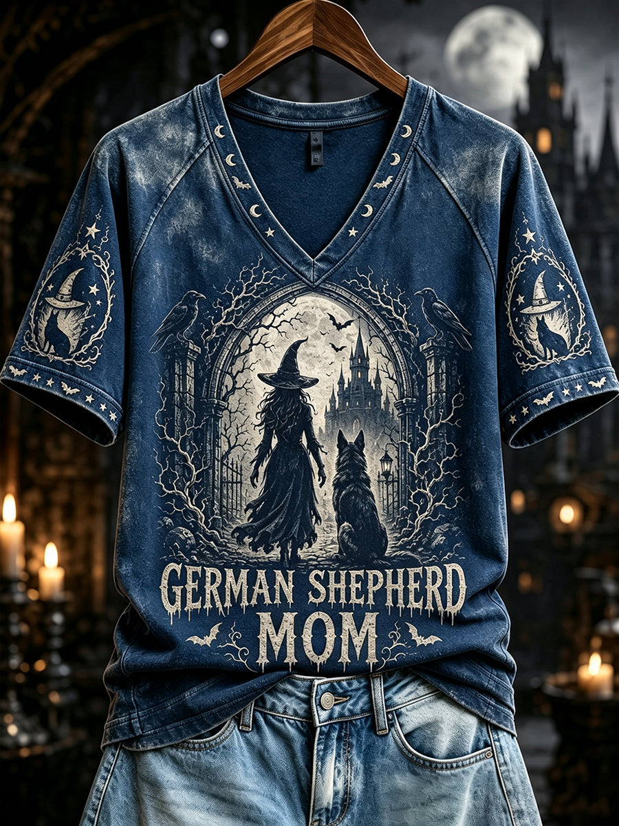 Dames Halloween Duitse herder moeder heksenprint V-hals T-shirt met korte mouwen