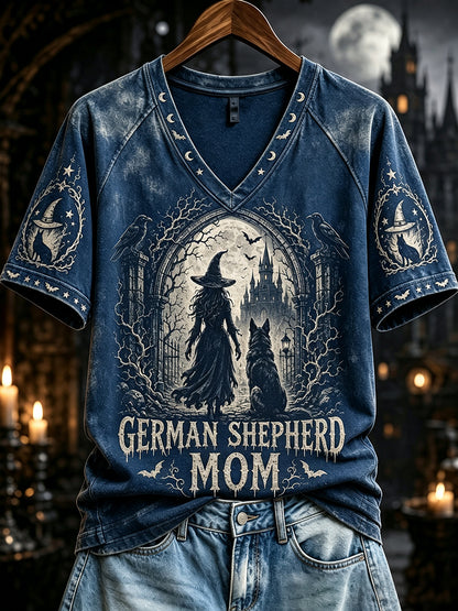 Dames Halloween Duitse herder moeder heksenprint V-hals T-shirt met korte mouwen