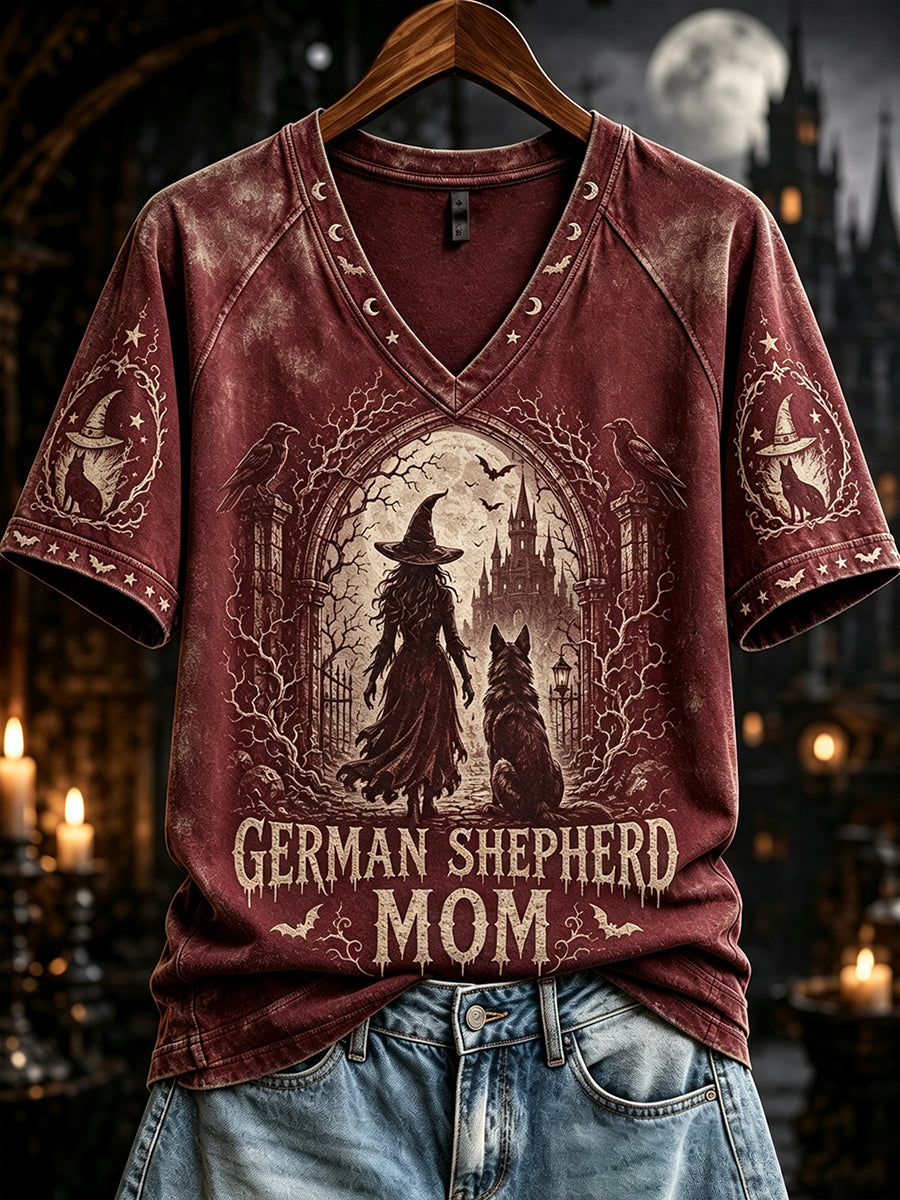 Dames Halloween Duitse herder moeder heksenprint V-hals T-shirt met korte mouwen