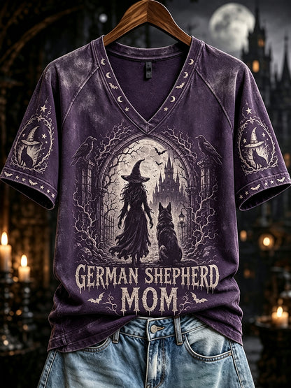 Dames Halloween Duitse herder moeder heksenprint V-hals T-shirt met korte mouwen