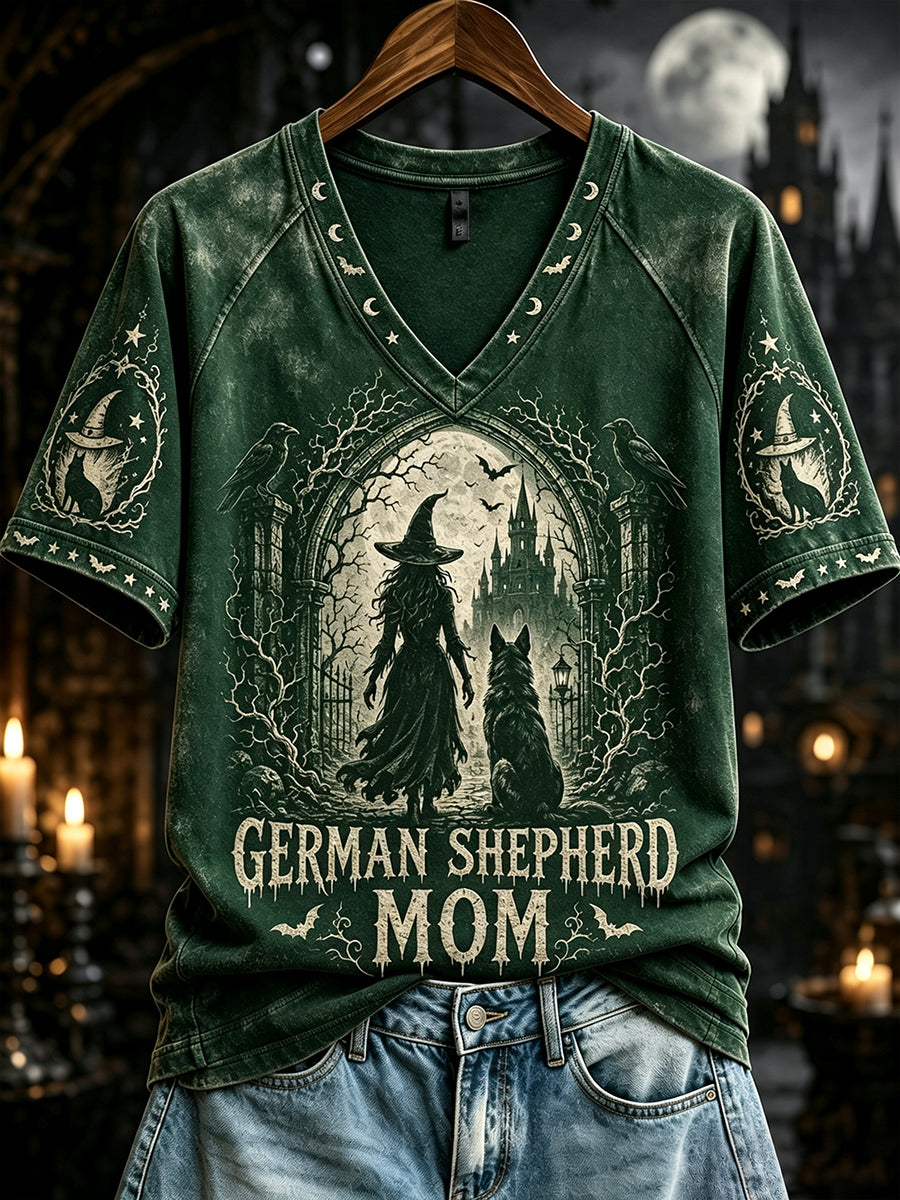 Dames Halloween Duitse herder moeder heksenprint V-hals T-shirt met korte mouwen