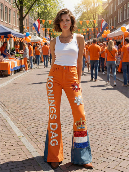 Dames Koninginnedag-print casual uitlopende broek