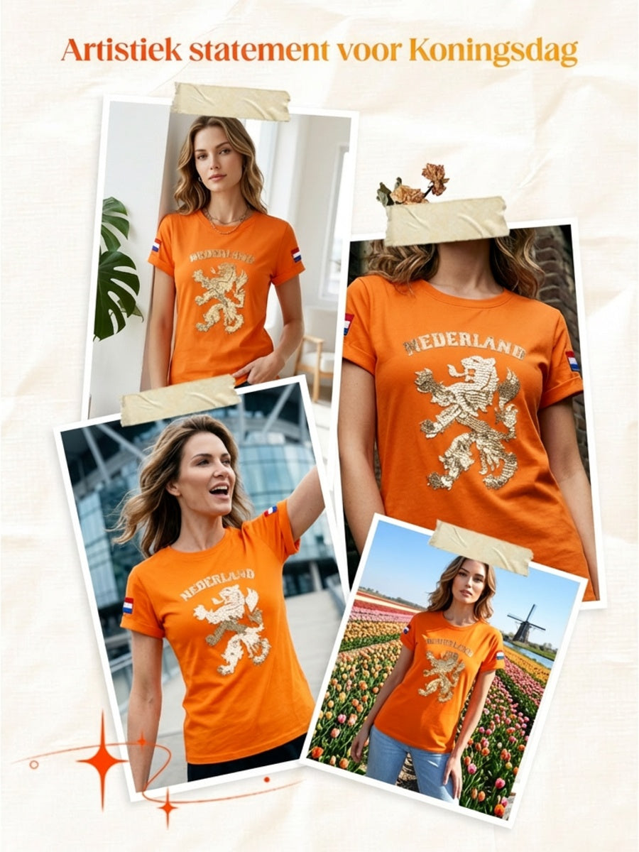Dames vintage Nederlandse Koningsdag leeuwenkunst casual t-shirt