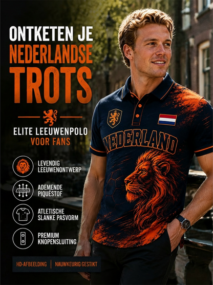 Herenpoloshirt met leeuwenvoetbalkunstprint en korte mouwen