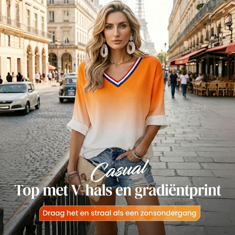 Dames King's Day-top met verloopprint en V-hals, casual styl