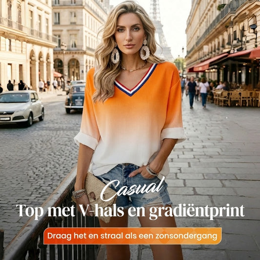 Dames King's Day-top met verloopprint en V-hals, casual styl