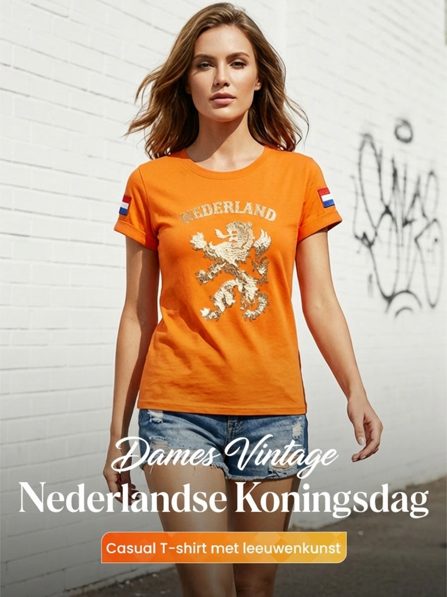 Dames vintage Nederlandse Koningsdag leeuwenkunst casual t-shirt