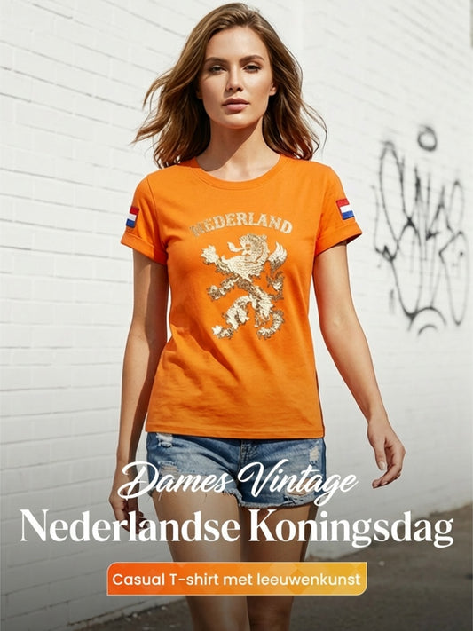 Dames vintage Nederlandse Koningsdag leeuwenkunst casual t-shirt