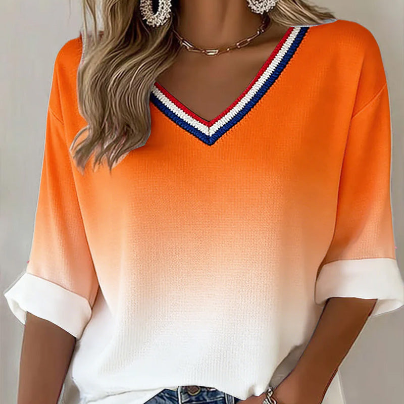 Dames King's Day-top met verloopprint en V-hals, casual styl