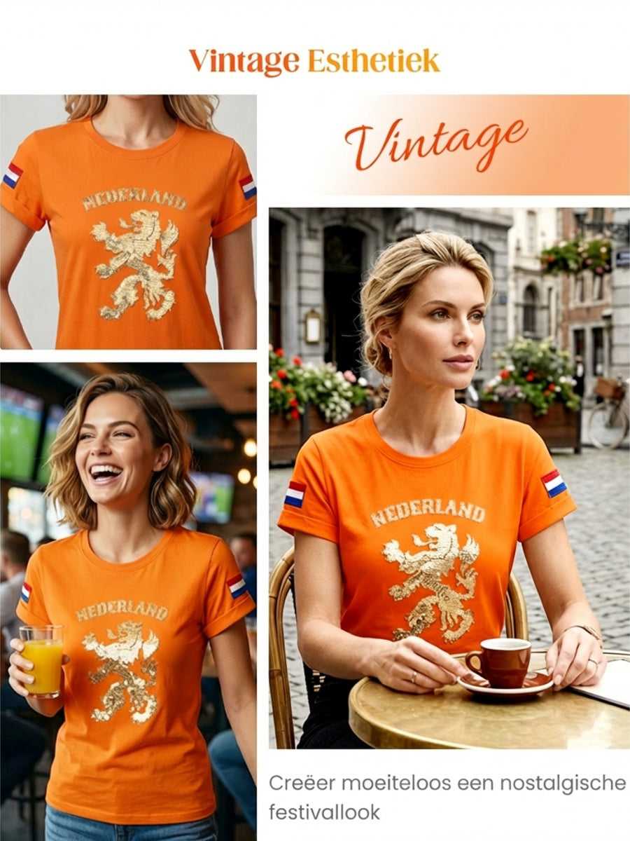 Dames vintage Nederlandse Koningsdag leeuwenkunst casual t-shirt