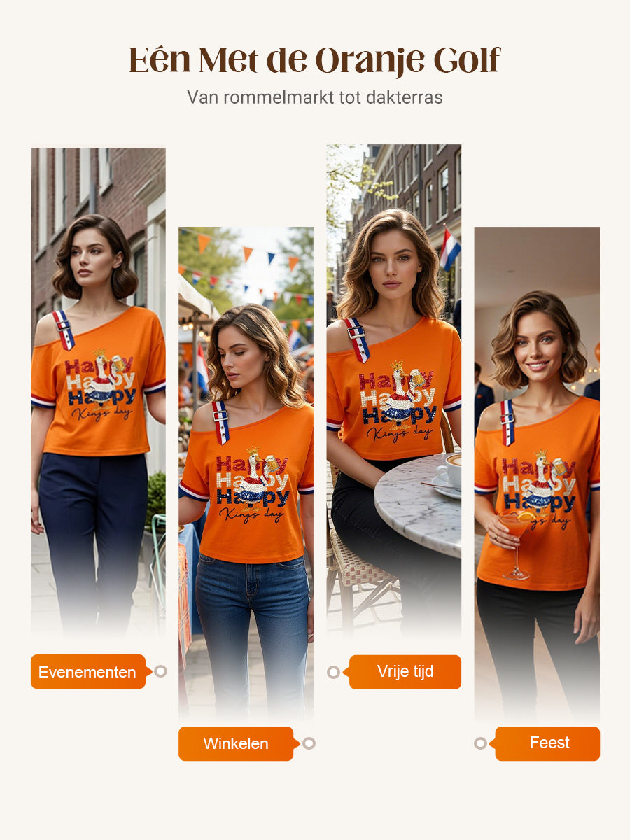 Dames Vintage Nederlandse Koningsdag Viering Casual T-shirt