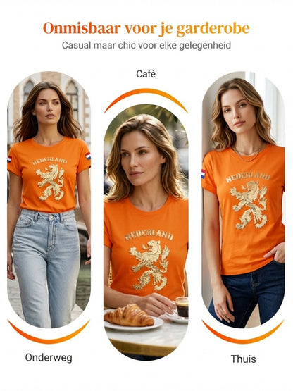 Dames vintage Nederlandse Koningsdag leeuwenkunst casual t-shirt