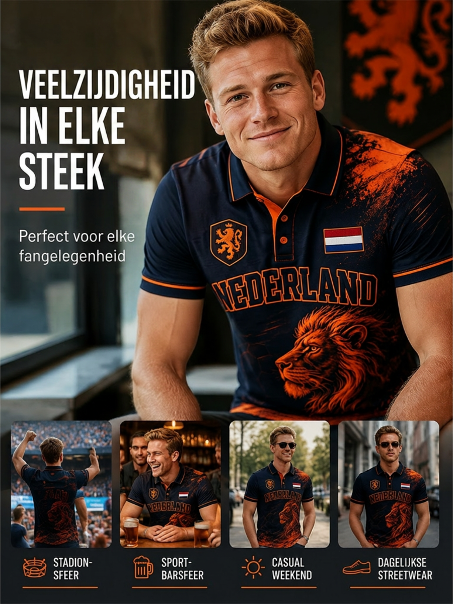 Herenpoloshirt met leeuwenvoetbalkunstprint en korte mouwen