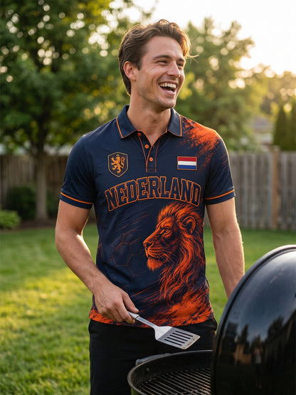 Herenpoloshirt met leeuwenvoetbalkunstprint en korte mouwen
