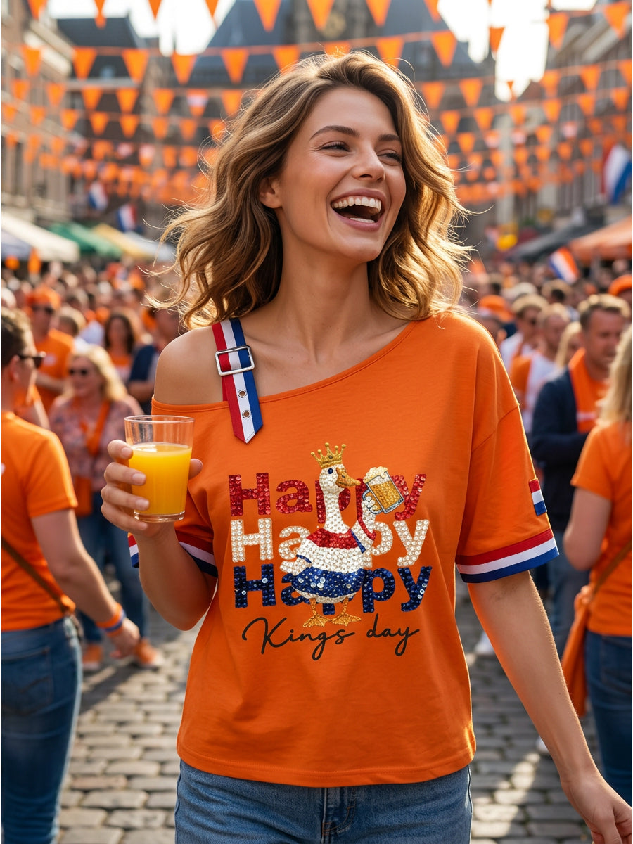 Dames Vintage Nederlandse Koningsdag Viering Casual T-shirt
