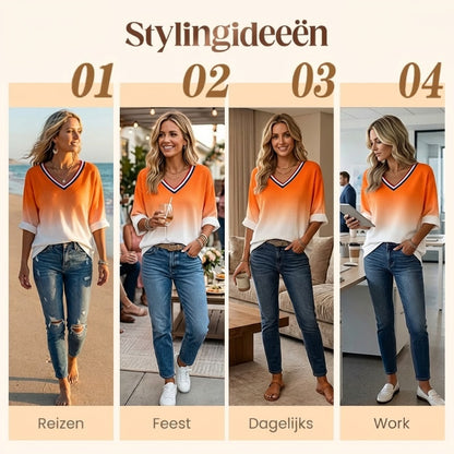 Dames King's Day-top met verloopprint en V-hals, casual styl