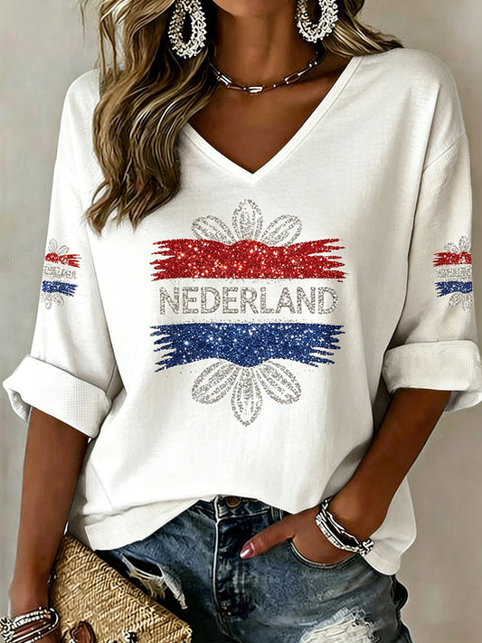 Dameskleding voor Koningsdag met pailletten en bloemenprint, gebreide casual top met V-hals