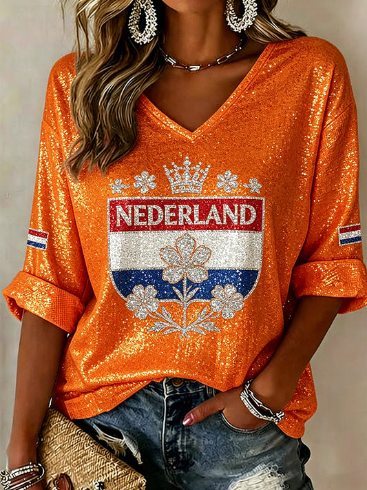 Dameskleding voor Koningsdag met pailletten en bloemenprint, gebreide casual top met V-hals