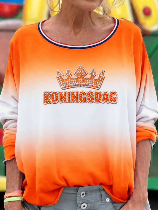 Dames Koningsdag-oranje verloopprint casual T-shirt met lange mouwen