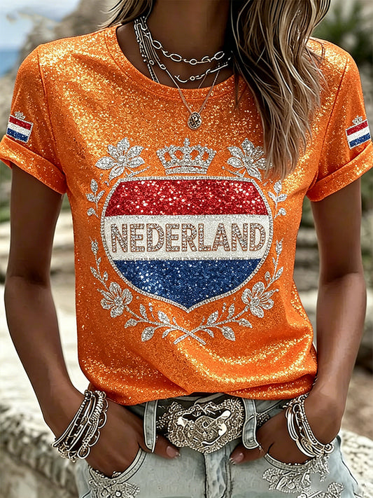 Dames T-shirt in koningsdagthema met pailletten en bloemenprint, gebreid, casual