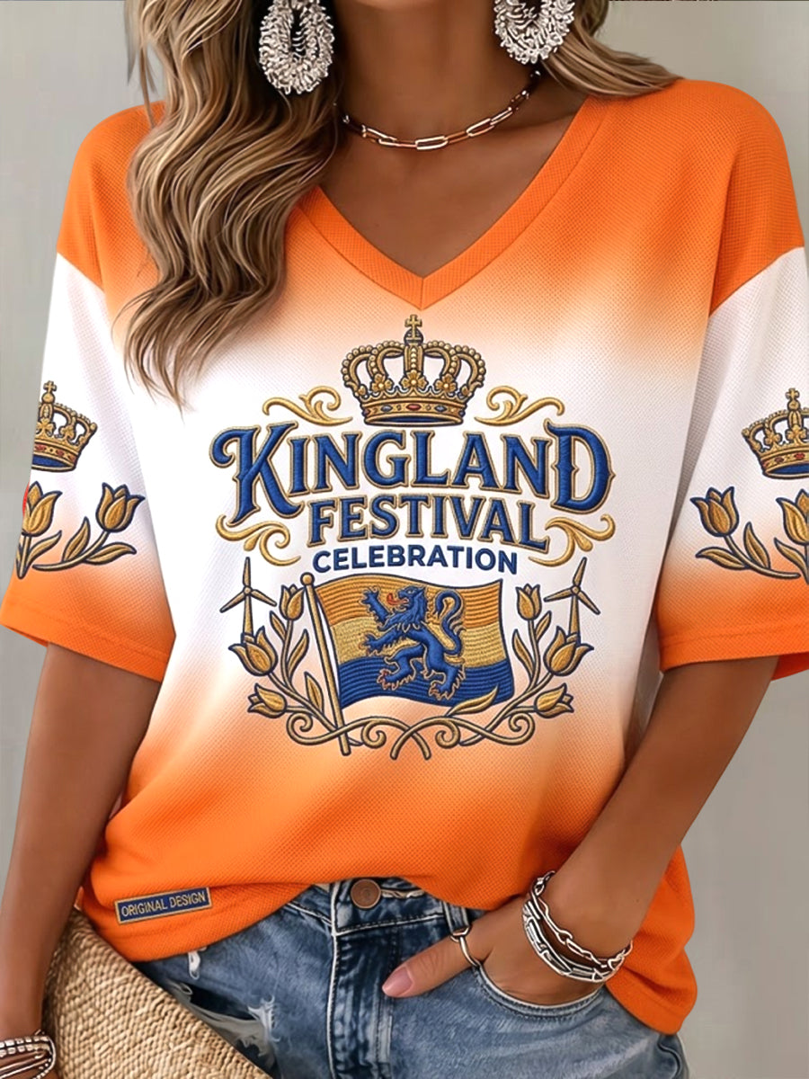 Damesretro Kingland-festivalt-shirt met kleurverloop en V-hals in Hollandse stijl