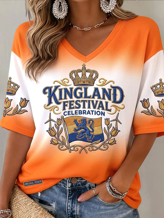 Damesretro Kingland-festivalt-shirt met kleurverloop en V-hals in Hollandse stijl