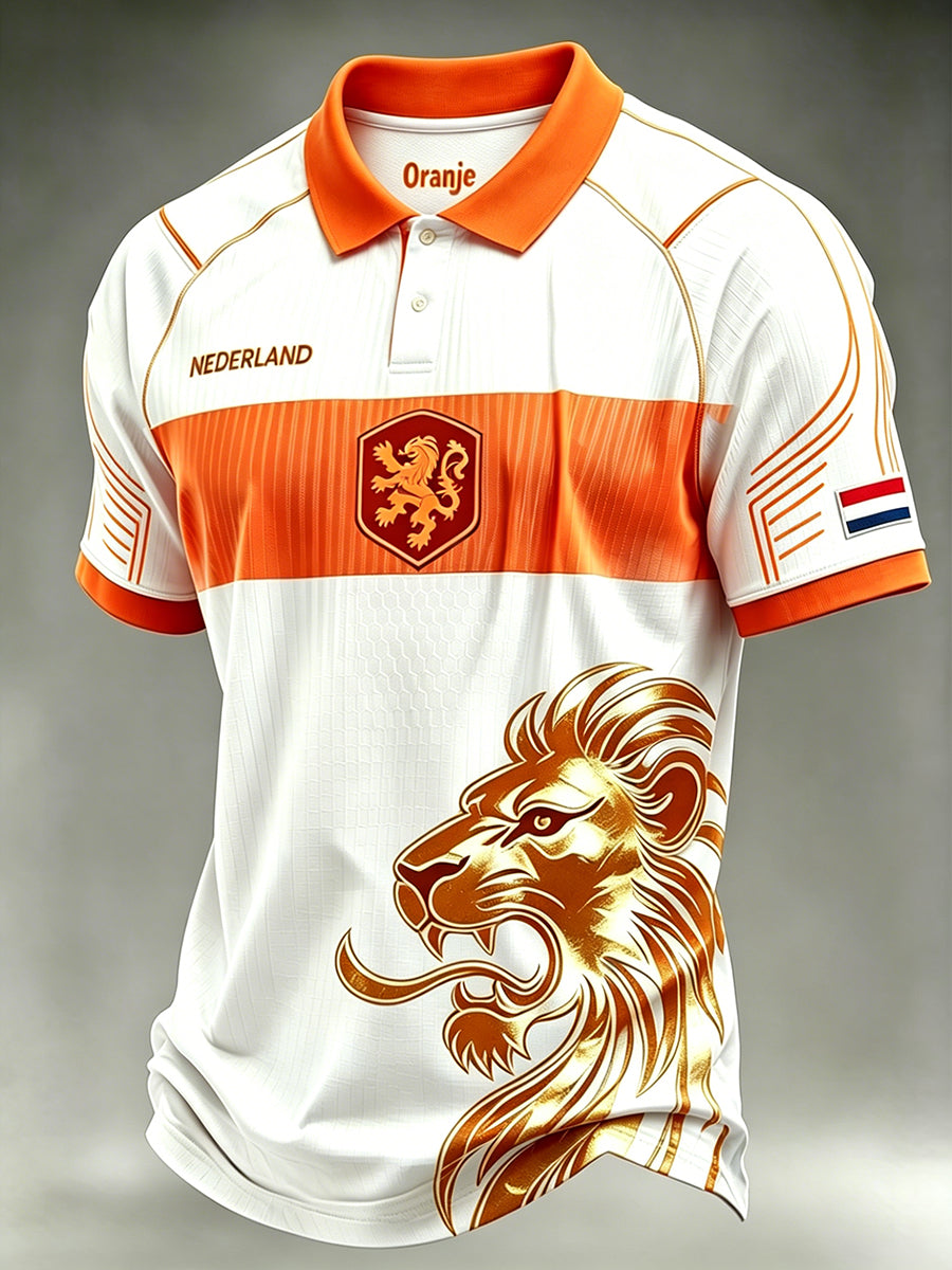 Heren voetbal poloshirt met leeuwenprint en raglanmouwen