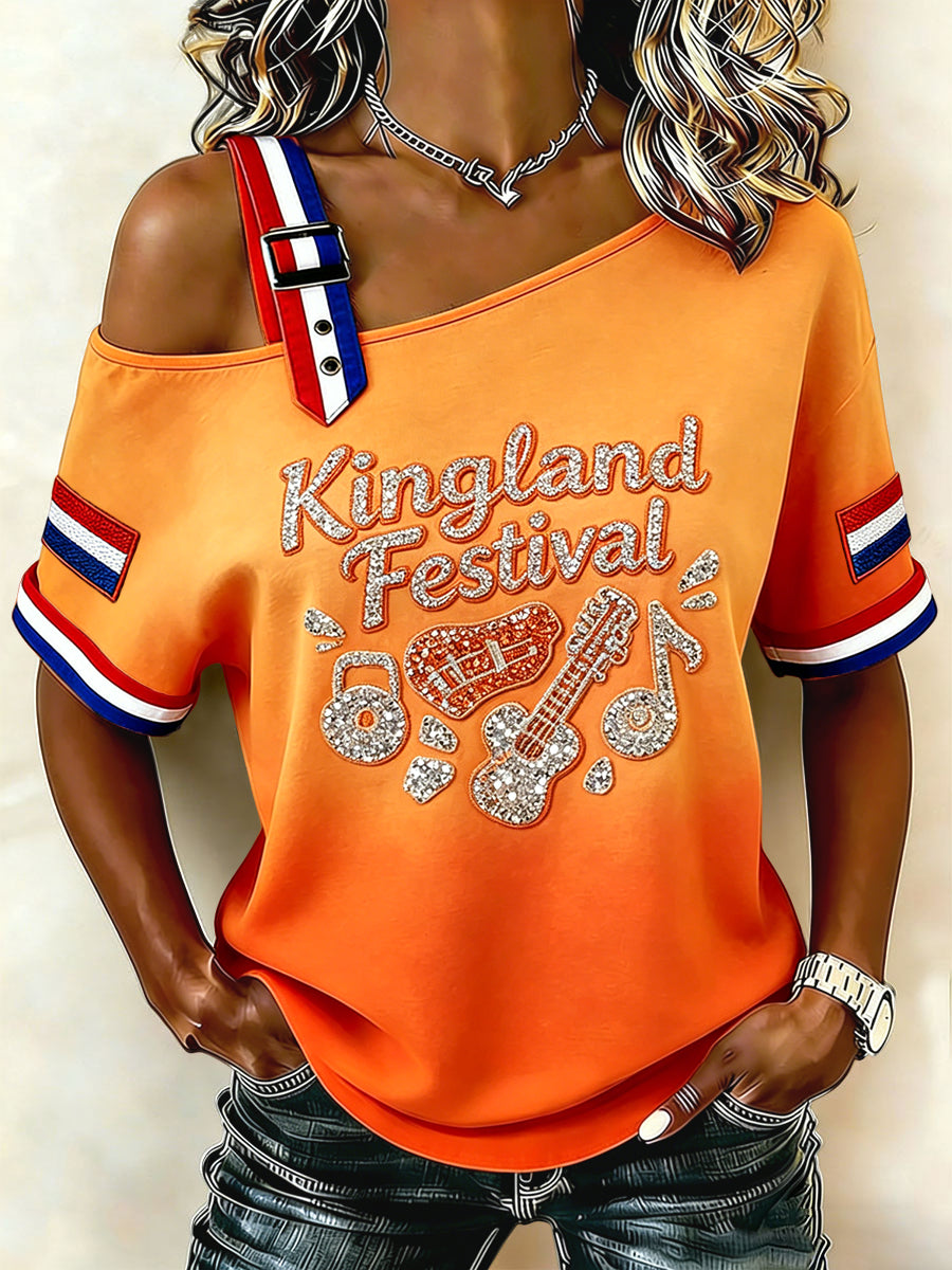 Damesretro Nederlands Kingland-festival casual schouderloos t-shirt