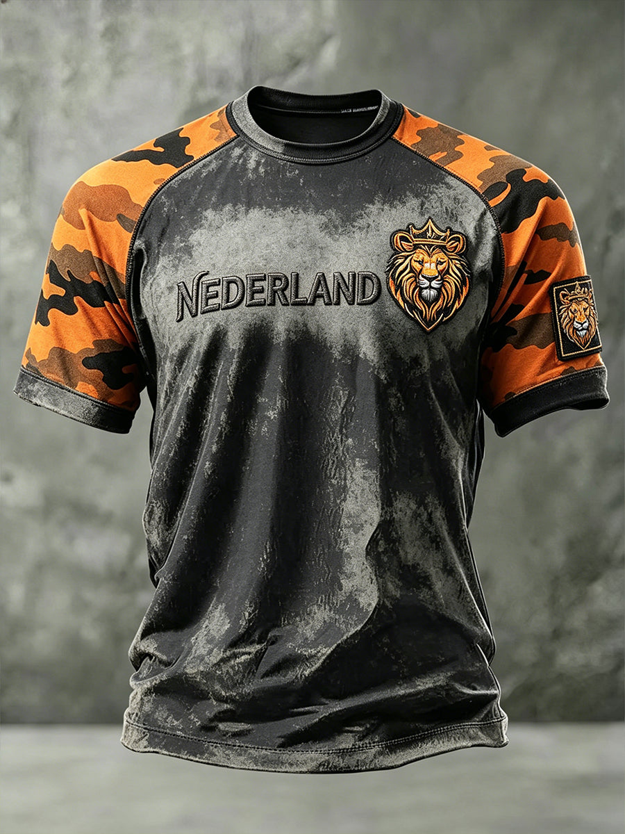 Heren T-shirt met verweerde camouflageprint en leeuwenmotief, raglanmouwen