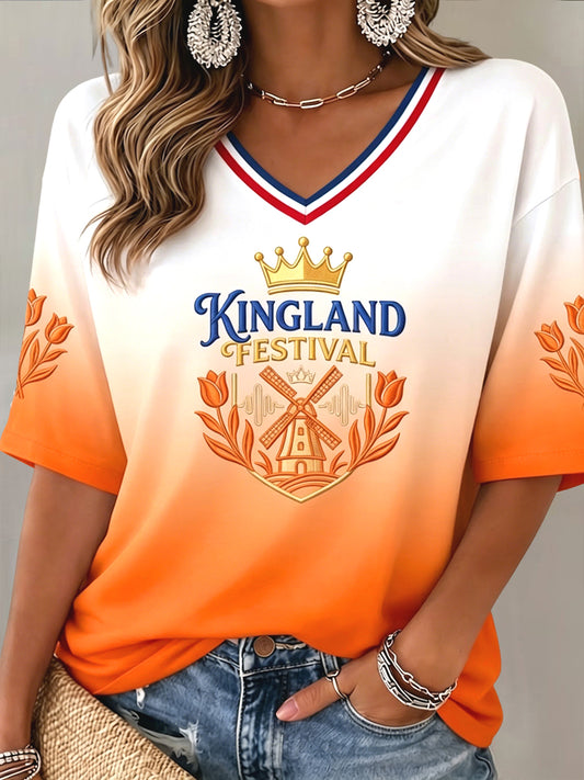 Dames Kingland Festival bloemenprint casual T-shirt met V-hals
