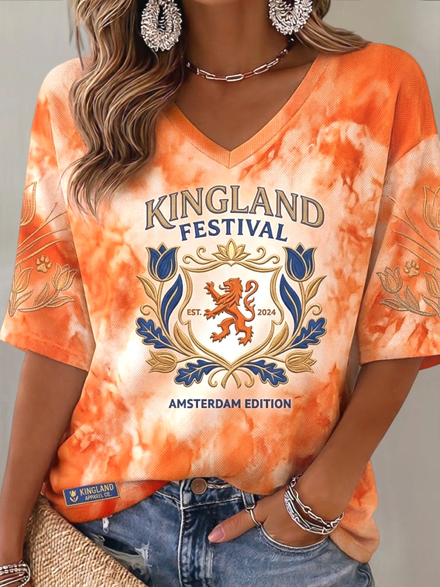 Damesretro Kingland-festival t-shirt met tie-dye en V-hals in Nederlandse stijl
