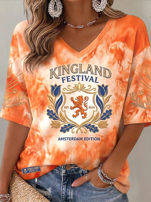 Damesretro Kingland-festival t-shirt met tie-dye en V-hals in Nederlandse stijl