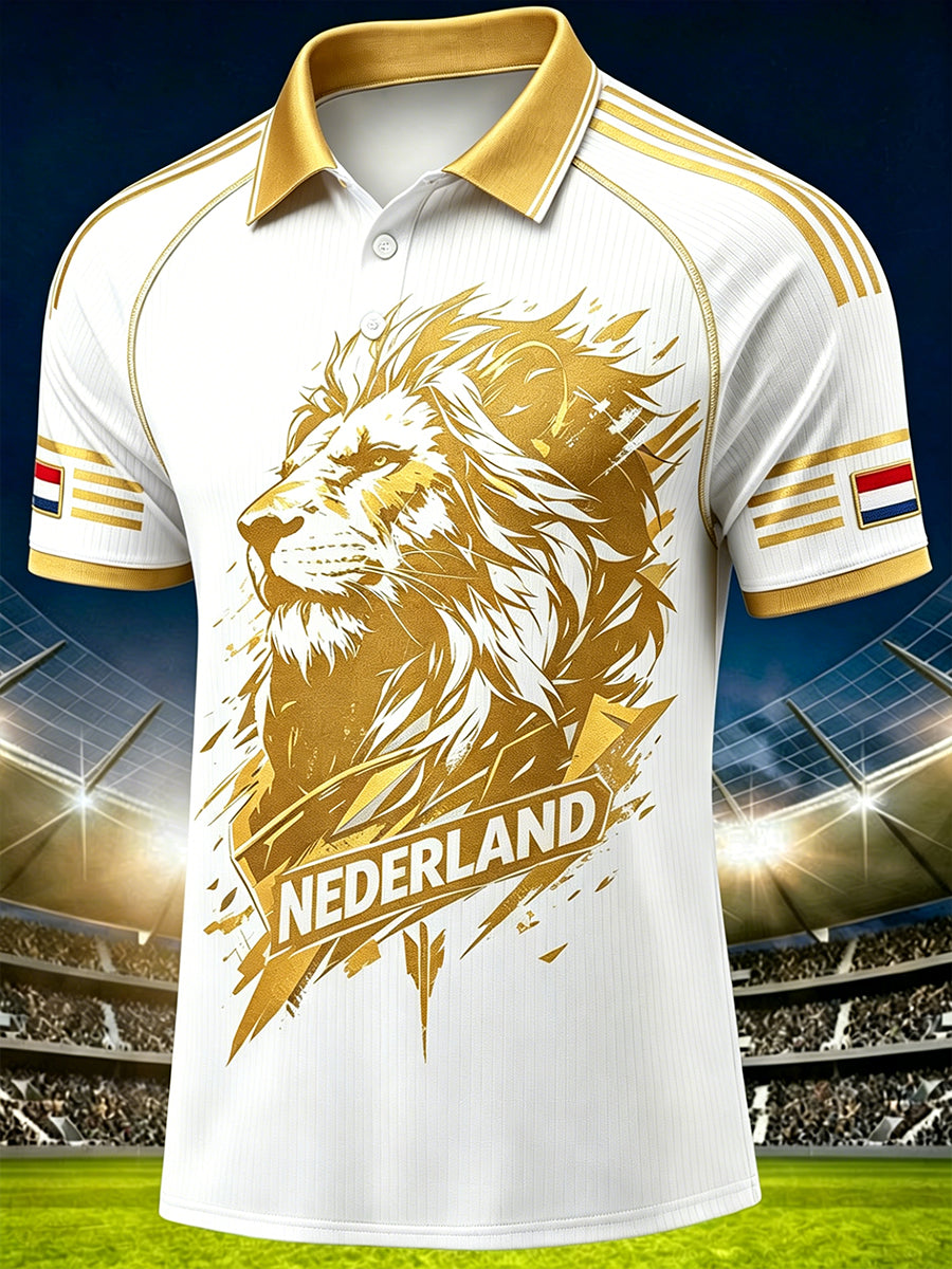 Heren voetbal poloshirt met leeuwenprint en raglanmouwen