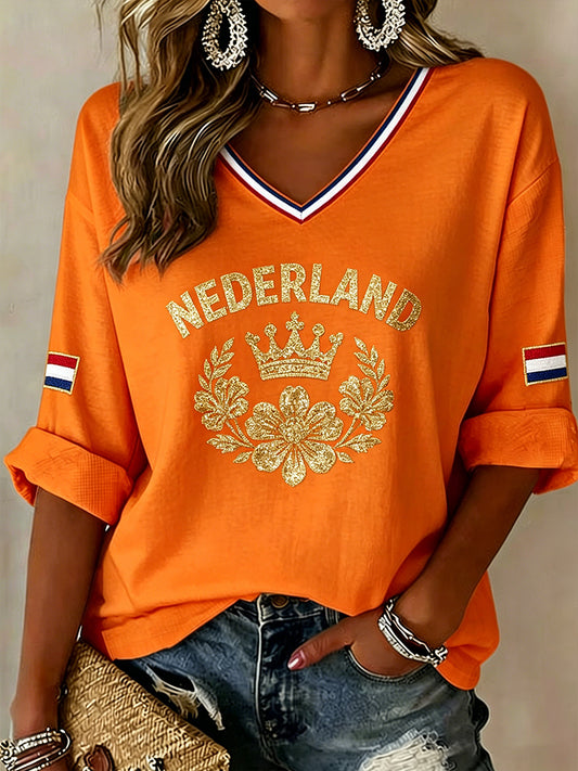 Dames top met paillettenkroon en bloemenprint, v-hals