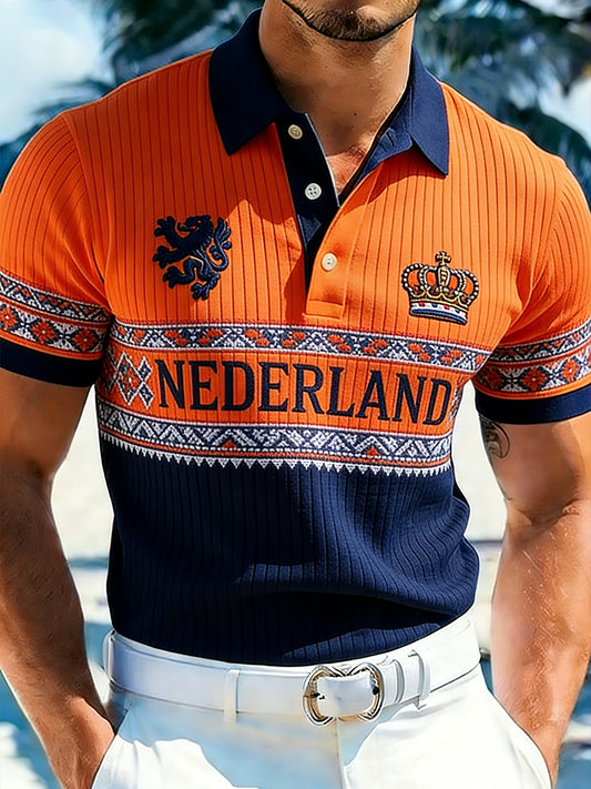 Herenpolo met ribgebreide stof en Koningsdagprint