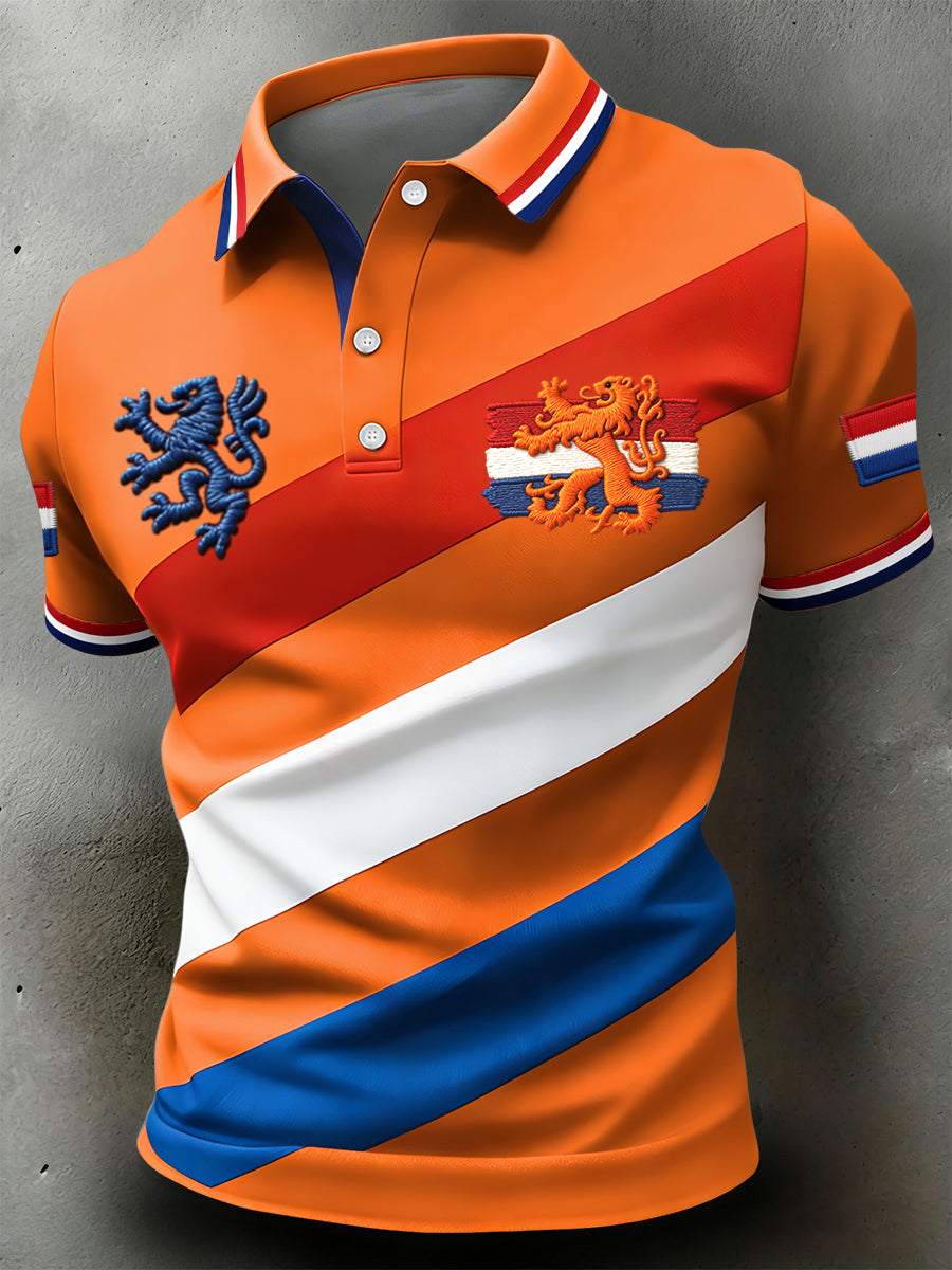 Retro Koningsdag gestreept patchwork artistiek casual poloshirt