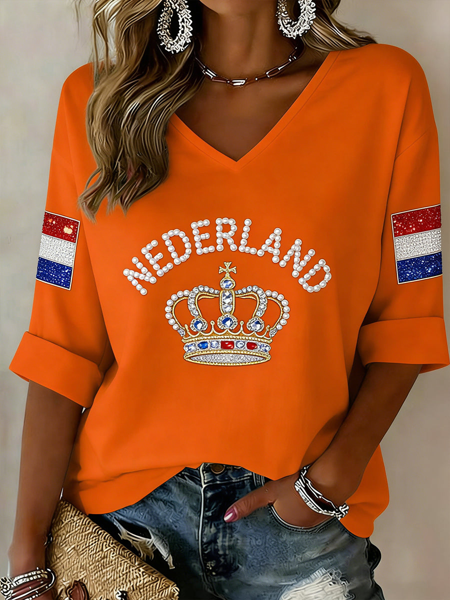 Dames T-shirt met koningsdagprint en V-hals