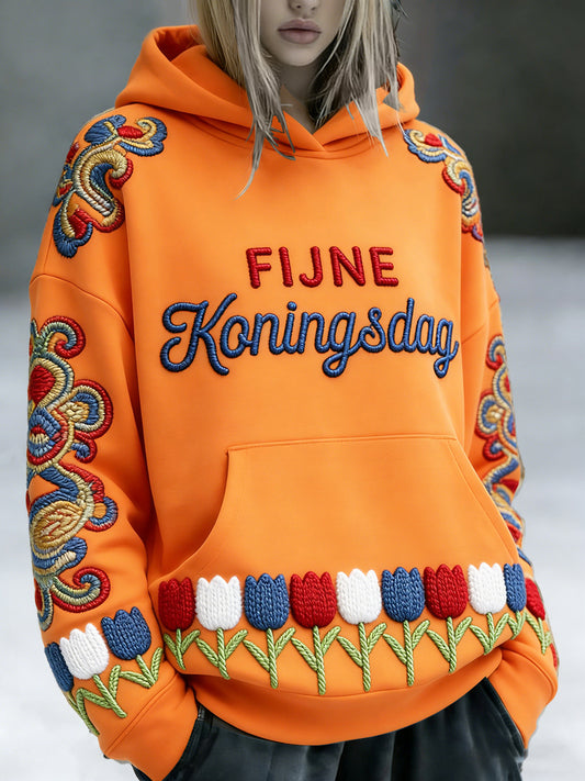 Nederlandse Koningsdag geborduurd 3D-bedrukt oranje sweatshirt met capuchon voor dames