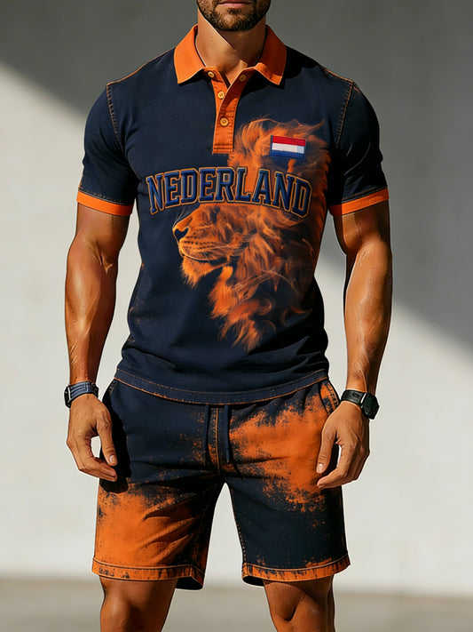 Herenpolo met koningsdagprint en korte broek set