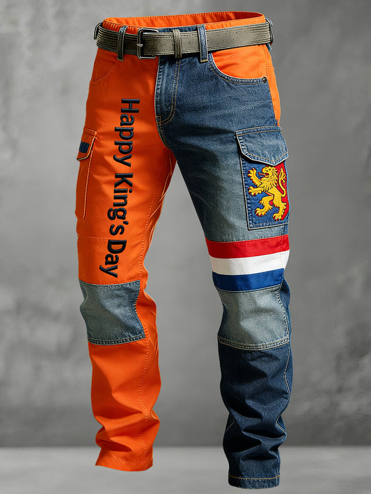 Herenbroeken met herdenkingsprint in patchworkstijl voor de Nederlandse Koningsdag, casual