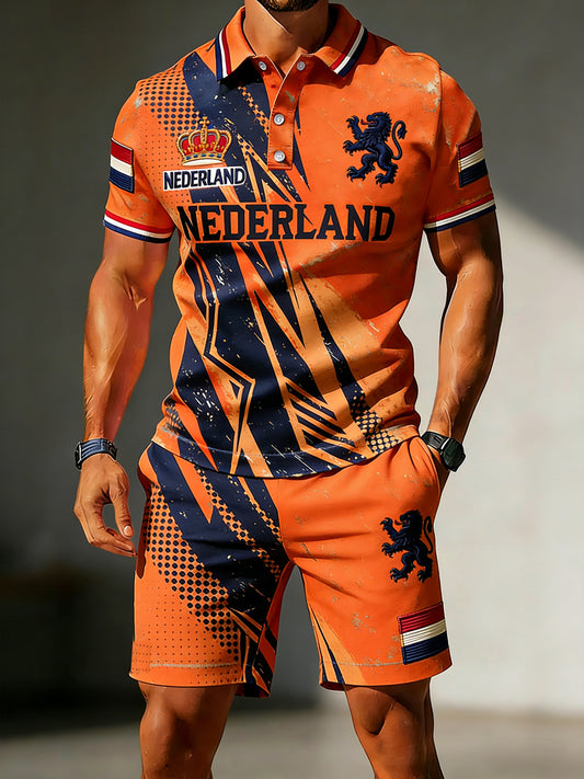 Herenpolo met koningsdagprint en korte broek set