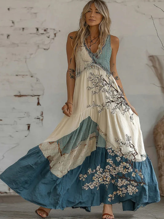 Kersenbloesems kunstlinnen maxi-jurk voor dames