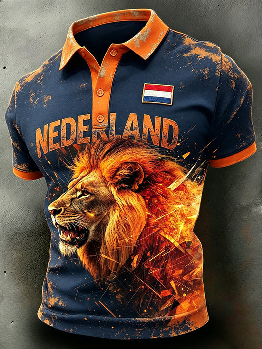 Heren casual poloshirt met verweerd leeuwenmotief