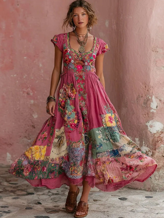 Damesjurk in Bohemian-stijl met bloemenborduurwerk, ronde hals en korte mouwen, midi-lengte